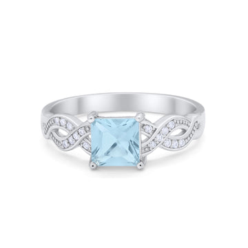 Solitaire Infinity Shank Ring Princess Cut Simulated Aquamarine CZ 925 Sterling Silver